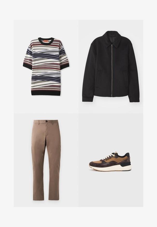 Juodas švarkas su užtrauktuku, pritaikyta forma, apvaliu apykakle ir kišenėmis su plyšiu. Pagamintas iš lygios, tekstūruotos medžiagos.; Megztinis trumpomis rankovėmis, pasižymintis multicolor zigos raštu raudonos, mėlynos, baltos ir juodos spalvomis, su juodu elastingu apykaklės ir rankogalių dirželiu.; Rudos, tiesios kojinės kelnės, pagamintos iš lygaus medvilnės audinio, su priekiniais mygtukais ir švariu, be raštų ar akcentų dizainu.; Rudi ir tan sportbačiai, pagaminti iš zomšos ir tekstilės, su storu baltu viduriu, juodomis detalėmis ir logotipo elemento šone.