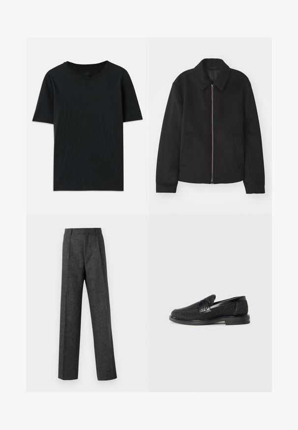 Juodas švarkas su užtrauktuku, pritaikyta forma, apvaliu apykakle ir kišenėmis su plyšiu. Pagamintas iš lygios, tekstūruotos medžiagos.; Juodas trumpomis rankovėmis marškinėliai, pagaminti iš minkštos medžiagos, su apvalia iškirpte ir laisvu siluetu. Paprastas dizainas, be matomų raštų ar akcentų.; Pilki pritaikyti kelnių modeliai, pagaminti iš tekstūruotos medžiagos, su dviem priekiniais klostėmis ir tiesiogine kojų forma. Nėra matomų kišenių ar puošybų.; Juodas pintas slip-on tipo batelis su lygiu odiniu akcentu viršuje, apvalios nosies dizainas ir žemas guminis padas.