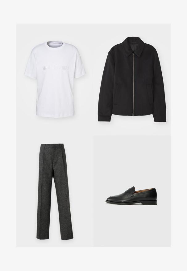 Must mustriga, mis on varustatud lukuga, kohandatud disaini, ümarate kaeluste ja lõhesalongidega taskudega. Valmistatud siledast, tekstuurilisest kangast.; Helmut Lang LOGO TEE - Trükipildiga T-särk - white; Hallidehased hallid püksid tekstureeritud kangast, millel on kaks eesmist voldi ja sirge sääre disain. Pole nähtavaid taskuid ega kaunistusi.; Must musta loafers ümarate varvastega, peene tikandiga ja madala kontsaga, millel on sile tekstuur ja minimalistlik disain.