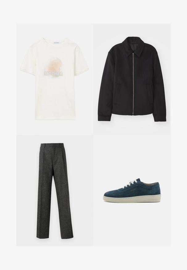 Czarna kurtka z zamkiem błyskawicznym, dopasowany krój, okrągły kołnierz i kieszenie cięte. Wykonana z gładkiego, teksturowanego materiału.; Krótki rękaw t-shirt w kolorze off-white z wyblakłym okrągłym obrazem profilu dziecka i napisem "MOTHER" umieszczonym poniżej.; Szare spodnie o dopasowanym kroju wykonane z teksturowanej tkaniny, z dwoma fałdami z przodu i prostymi nogawkami. Brak widocznych kieszeni i zdobień.; Niebieskie zamszowe trampki z zaokrąglonym czubkiem, białymi sznurowadłami i gumową podeszwą. Mają subtelne przeszycia oraz akcent z logo z boku.
