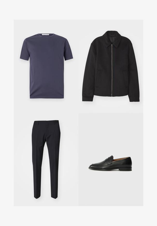 Zwarte jas met ritssluiting, op maat gemaakte ontwerp, ronde kraag en splitzakken. Gemaakt van een gladde, gestructureerde stof.; Navyblauwe T-shirt met korte mouwen, gemaakt van gladde stof. Heeft een ronde hals en subtiele stikdetails. Minimalistisch ontwerp zonder patronen.; Donkerblauwe broek met een slim fit. Gemaakt van een gladde, gestructureerde stof, met een vlakke voorkant, riemlussen en zijzakken.; Zwarte leren instapper met een ronde neus, subtiele stikdetails en een lage hak, met een gladde textuur en een minimalistisch ontwerp.