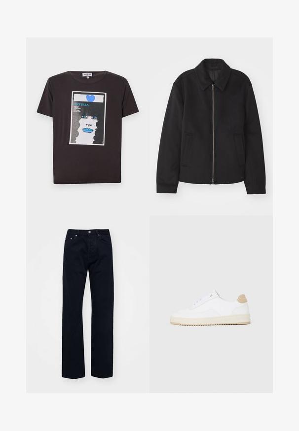 Sort jakke med lynlås, skræddersyet design, rund krave og slidser. Fremstillet af et glat, textureret stof.; Sort bomulds t-shirt med et grafisk design af en kvindes ansigt med blå læber, store blå øjne og et hjerte, indrammet i et hvidt rektangel.; Sorte denim jeans med lige ben, udstyret med knap- og lynlåslukning, fem lommer og tonalt syning.; Hvide lavt-op sneakers med en tekstureret læderoverdel, cremefarvet ribbet sål og en tan hælaccent. Har hvide snørebånd og logo-detalje på hælen.