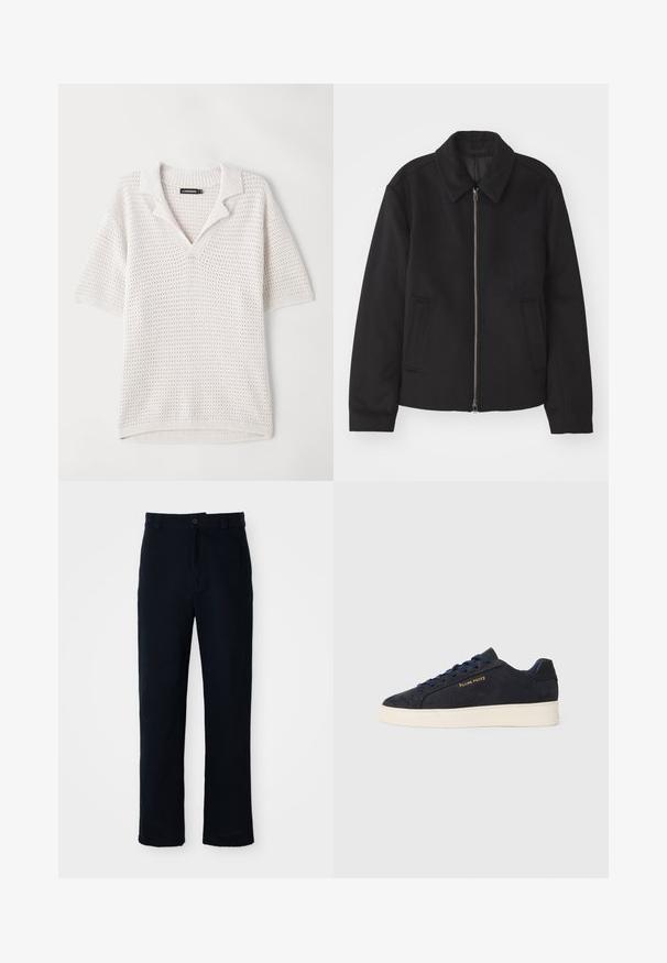 Melnā jaka ar rāvējslēdzēju, piegrieztas formas dizains, noapaļots apkakle un šķēluma kabatas. Izgatavota no gludas, teksturētas auduma.; Īsām piedurkņu, vieglaadīts adīts polo krekls balta krāsā ar strukturētu rakstu, ribotu apkakli un apakšmalas detaļām. Izstrādāts gaisa caurlaidībai.; Kokvilnas tumši zilas bikses ar taisnu kāju dizainu, priekšējo pogu aizdari un klasisku jostasvietu ar jostas cilpiņām.; Navy zila zamšas zema augstuma kedas ar baltu zoli, navy krāsas auklām un "Filling Pieces" logo zeltā sānos.