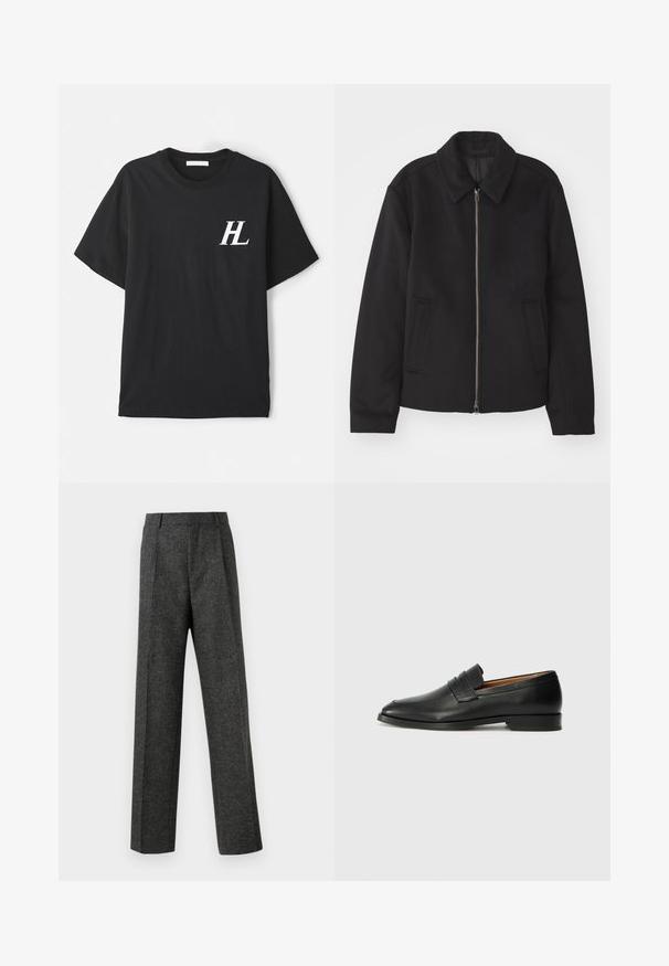 Fekete dzseki cipzárral, testreszabott dizájnnal, kerek nyakkal és zsebekkel. Sima, texturált anyagból készült.; Fekete pamut póló rövid ujjakkal, bal mellen fehér "HL" logóval. Normál fazon, sima tapintás és klasszikus kerek nyakú kialakítás.; Szürke, texturált anyagból készült, szabott nadrág, két elülső pliszével és egyenes lábbal. Nincsenek látható zsebek vagy díszítések.; Fekete bőr mokaszin, kerek orral, diszkrét varrásokkal és alacsony sarokkal, sima felülettel és minimalista dizájnnal.