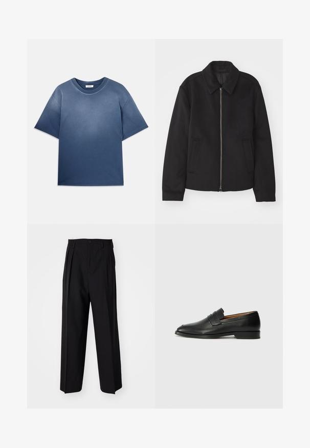 Fekete dzseki cipzárral, testreszabott dizájnnal, kerek nyakkal és zsebekkel. Sima, texturált anyagból készült.; Kék pamut póló, puha tapintással, lazább fazonban, rövid ujjakkal és kerek nyakkivágással. Fokozatos színelhalványulás jellemzi.; Fekete, pliszírozott nadrág, egyenes, széles lábakkal. Sima anyagból készült, gombos záródással és övhurkokkal rendelkezik.; Fekete bőr mokaszin, kerek orral, diszkrét varrásokkal és alacsony sarokkal, sima felülettel és minimalista dizájnnal.