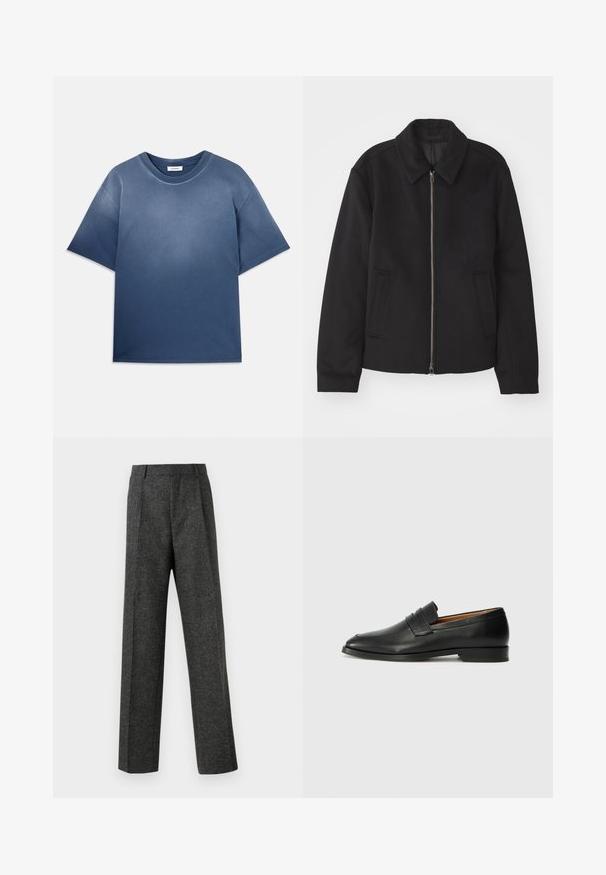 Crna jakna s patentnim zatvaračem, prilagođenog dizajna, zaobljenim kragnom i proreznim džepovima. Izrađena od glatkog, teksturiranog materijala.; Plava pamučna majica s opuštenim krojem, kratkim rukavima, okruglim izrezom i mekanim teksturom. Ima postepeni efekt izbljeđivanja boje.; Sive prilagođene hlače od teksturiranog materijala, s dva prednja nabora i ravnim krojem. Nema vidljivih džepova ili ukrasa.; Crni kožni loafer s okruglim vrhom, suptilnim šavovima i niskim petama, s glatkom teksturom i minimalističkim dizajnom.