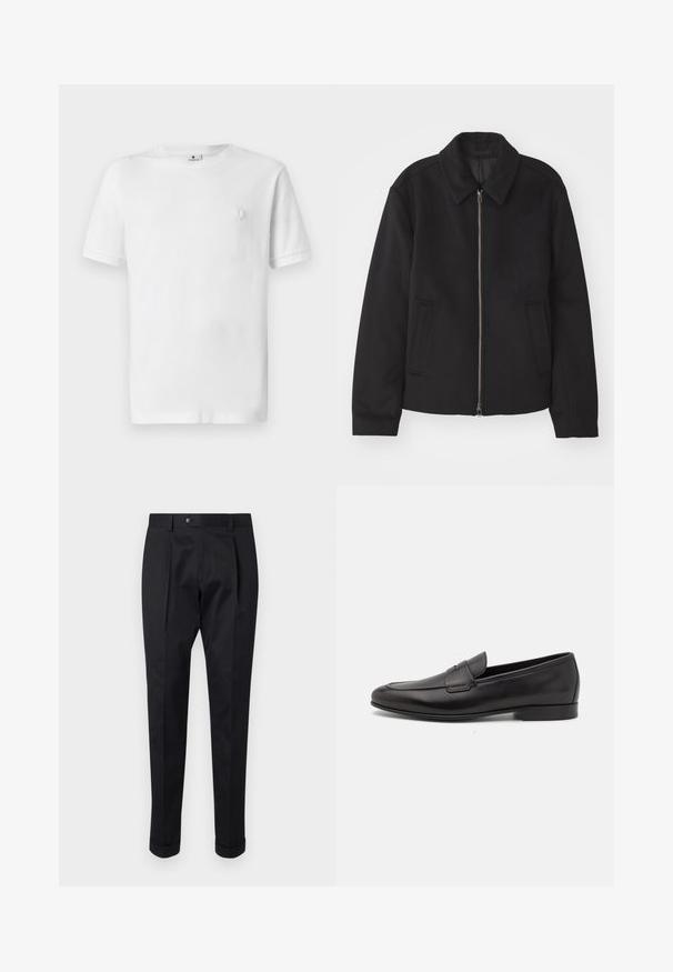 Czarna kurtka z zamkiem błyskawicznym, dopasowany krój, okrągły kołnierz i kieszenie cięte. Wykonana z gładkiego, teksturowanego materiału.; Biała bawełniana koszulka z okrągłym dekoltem i krótkimi rękawami. Posiada małe, teksturowane logo na lewej stronie klatki piersiowej. Gładka faktura materiału.; Czarne spodnie wykonane z gładkiego materiału, z zakładką z przodu, zapięciem na guzik i podwiniętymi mankietami na kostkach.; Czarne skórzane męskie loafersy z niskim obcasem i klasycznym paskiem penny, przedstawione w profilu bocznym na białym tle.