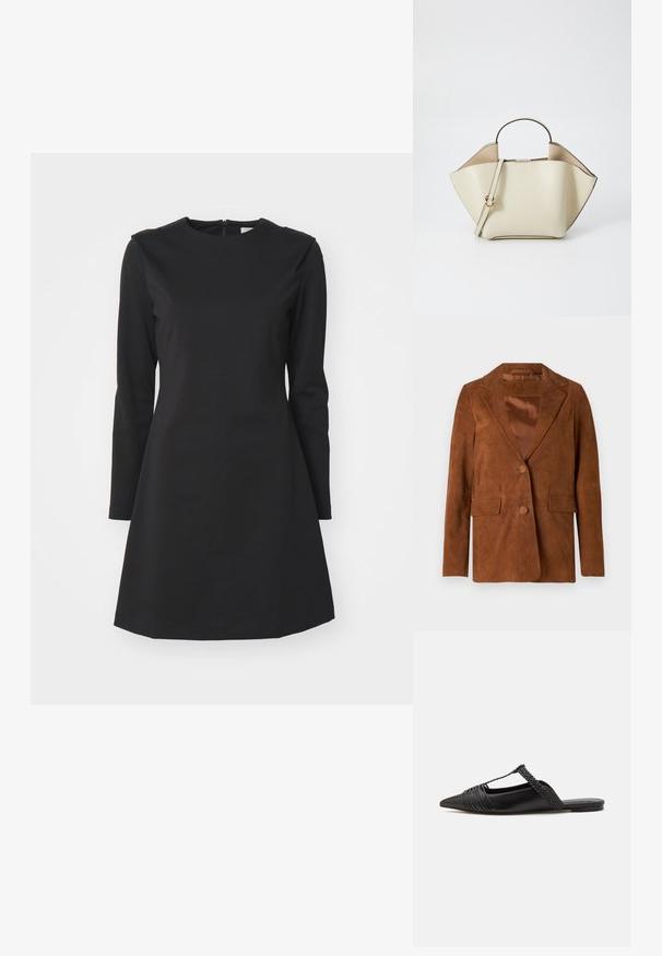 Brūns zamša žakets ar iedobētu apkakli, divām priekšējām kabatām, vienu pogu aizdari un gludu satīna odere.; Melnas garas piedurknes kleita ar apaļu kakla izgriezumu, A formas siluets un aizmugures rāvējslēdzis. Izgatavota no gludas, teksturētas auduma.; Melnas ādas slingback kurpes ar norādītu purngali, kurām ir austoša akcenta un krokota augšdaļa. Plakana zole ar minimālu aparatūru.; Ree Projects ANN - Rokassoma - beige