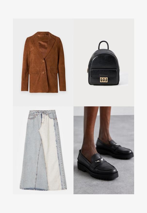 Hnědý nubukový blazer s klopovým límcem, dvěma předními kapsami, jednobarevným zapínáním na knoflík a hladkým saténovým podšívkou.; Černý pletený svetr s výstřihem do V a límcem. Má tříčtvrteční rukávy se třásněmi na manžetách a lemu. Texturovaný materiál.; Džínová sukně s patchwork vzorem obsahující světlé a středně modré části, roztrhané okraje a vysoký pas. Klasický pětikapsový styl.; Černé kožené mokasíny s kulatou špičkou, se stříbrným akcentem na pásku a silnou, texturovanou podrážkou pro lepší přilnavost.; Černý kožený mini batoh s přední kapsou na zip a logem Love Moschino v zlatém tónu na bílém pozadí.