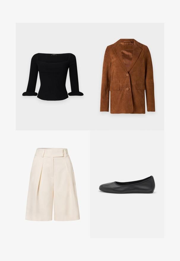 Barna velúrbőr blézer, kihajtott gallérral, két elülső zsebbel, egy gombos záródással és sima selyem béléssel.; Fekete bordázott hosszú ujjú felső, négyzet alakú kivágással és felgombolt mandzsettával. Az anyag sima tapintású és testhezálló fazonú.; Krém színű, magas derekú, elegáns rövidnadrág, redőzött elejével és sima szövet textúrájával. Széles, rövid lábakkal rendelkezik.; Fekete bőr balettcipő lekerekített orral, sima tekstúrával, minimális varrással és rugalmas talp kialakítással.