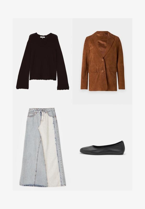Brun ruskindjakke med slagkrave, to frontlommer, enkeltknap lukning og glat satinforing.; Mørkebrun striktrøje med ribbet halsudskæring, lange ærmer og bølget kant med dekorativ åben mønster langs kanterne.; Denim nederdel med patchwork design bestående af lyse og mellemblå sektioner, frayed kanter og høj talje. Klassisk fem-lomme stil.; Sort læderballetsko med rund tå, glat tekstur, minimal syning og et fleksibelt såldesign.