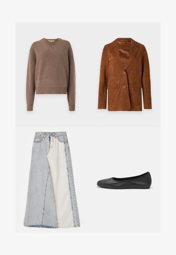 Pruun nubukist bleiser, millel on nurgeline klapp, kaks esist taskut, ühekordne nööbiriiv ja sile satenvooder.; Pruun kudumiga sviiter V-kaelusega, pikkade varrukatega ja ribade tekstuuriga. Omab õrnalt geomeetrilist mustrit käiste ja alla ääres.; Denim seelik, millel on patšitud disain, kus on heledad ja keskmise sinise tooni sektsioonid, rebenenud servad ja kõrge vöökoht. Klassikaline viie taskuga stiil.; Musthave mustika tantsutossud mustast nahast, ümmarguse varbaga, siledast tekstuurist, minimaalse õmblusdetailiga ja paindliku tallakujundusega.