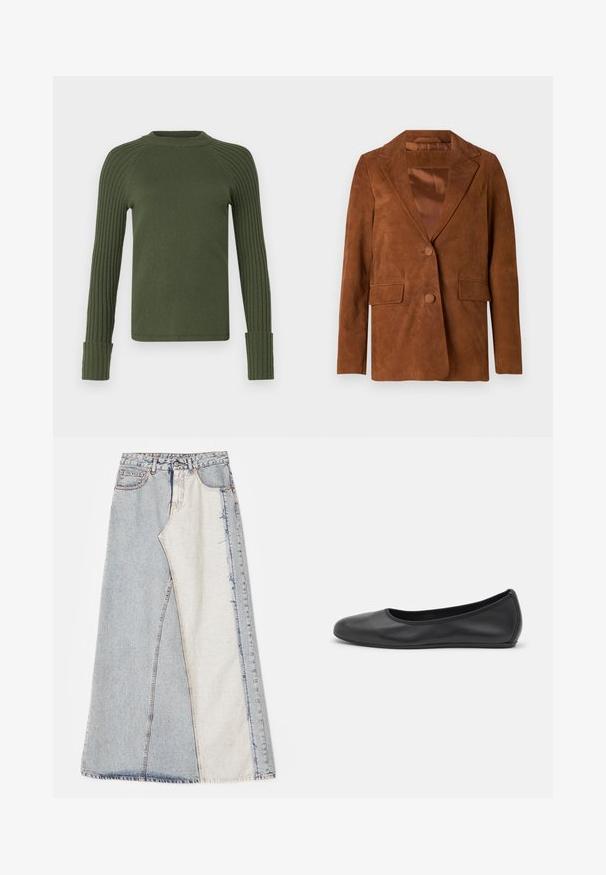 Blazer de ante marrón con solapa muesca, dos bolsillos frontales, cierre de un solo botón y forro de satén suave.; MAX&Co. CANOSSA - Jersey de punto - gruen; Falda de mezclilla con un diseño de patchwork que presenta secciones en azul claro y medio, dobladillos deshilachados y cintura alta. Estilo clásico de cinco bolsillos.; Bailarina de piel negra con punta redondeada, textura suave, detalle de costura minimalista y diseño de suela flexible.