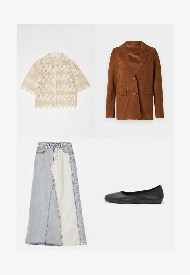 Blazer in camoscio marrone con rever a punta, due tasche frontali, chiusura con un bottone e foderato in satin liscio.; Blusa in pizzo color crema con maniche corte, chiusura con bottoni frontale, motivi floreali, bordi ondulati e colletto piccolo.; Gonna in denim con design patchwork, sezioni di blu chiaro e medio, orli sfilacciati e vita alta. Stile classico a cinque tasche.; Pantofole da balletto nere in pelle con punta arrotondata, texture liscia, dettagli di cucitura minimi e design con suola flessibile.