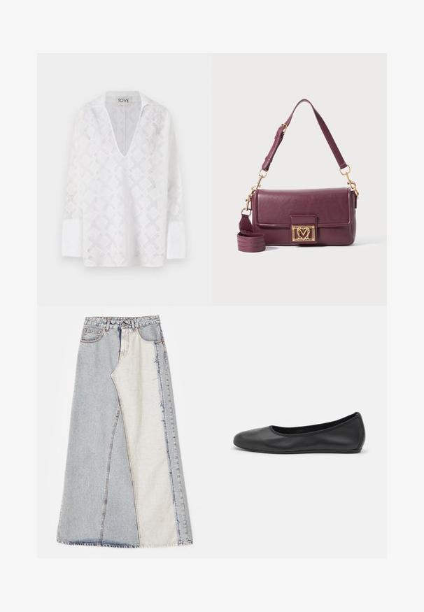 Brauner Wildlederblazer mit Reverskragen, zwei Vordertaschen, einer Knopfschließe und glatter Satinfütterung.; Weißes Langarmhemd mit tiefem V-Ausschnitt, das ein Diamantmuster und einen strukturierten Stoff aufweist. Das Etikett trägt die Aufschrift "TOVE."; Jeansrock mit einem Patchwork-Design in hell- und mittelblauen Abschnitten, ausgefransten Säumen und hoher Taille. Klassischer Fünf-Taschen-Stil.; Schwarze Leder-Ballettschuhe mit abgerundeter Spitze, glatter Textur, minimalen Nähdetails und einem flexiblen Sohlen-Design.; Dunkellila Schultertasche aus Leder mit goldenem herzförmigem Verschluss und verstellbarem oberen Tragegurt auf weißem Hintergrund.