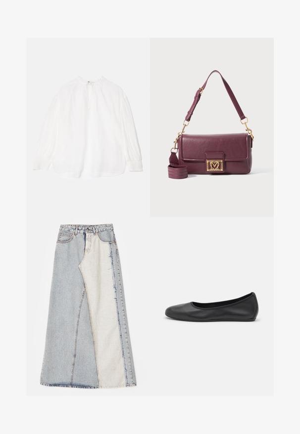 Hnědý nubukový blazer s klopovým límcem, dvěma předními kapsami, jednobarevným zapínáním na knoflík a hladkým saténovým podšívkou.; Bílé blouse s dlouhými, nařasenými rukávy, se zavázaným výstřihem a volnějším střihem. Obsahuje mírně strukturovanou látku a elastické manžety.; Džínová sukně s patchwork vzorem obsahující světlé a středně modré části, roztrhané okraje a vysoký pas. Klasický pětikapsový styl.; Černé kožené baletní byty s kulatou špičkou, hladkou texturou, minimálními švy a flexibilním designem podrážky.; Tmavě fialová kožená taška přes rameno se zlatým srdcovým zapínáním a nastavitelným popruhem na bílem pozadí.