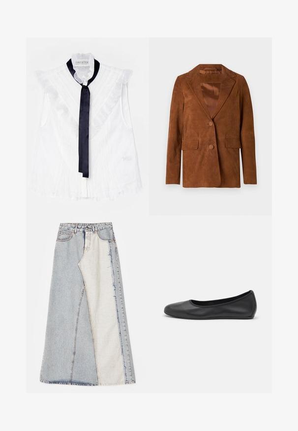 Brun ruskindjakke med slagkrave, to frontlommer, enkeltknap lukning og glat satinforing.; Hvid ærmeløs bluse med flæser og et mørkeblåt satinbånd om halsen. Tekstureret stof med et delikat mønster.; Denim nederdel med patchwork design bestående af lyse og mellemblå sektioner, frayed kanter og høj talje. Klassisk fem-lomme stil.; Sort læderballetsko med rund tå, glat tekstur, minimal syning og et fleksibelt såldesign.
