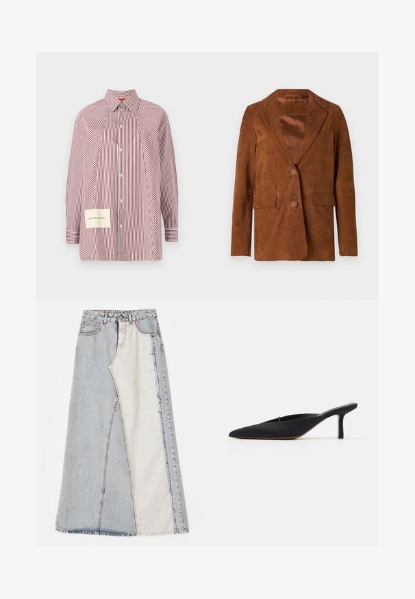 Bruine suède blazer met een notch-lapel, twee voorkezen, een enkele knoopsluiting en een soepele satijnen voering.; Gestreepte overhemdbloes in rood en wit met lange mouwen, een kraag en een patch met coördinaten op de linkeronderzijde.; Denim rok met een patchworkontwerp bestaande uit lichte en middelblauwe secties, rafelige zomen en een hoge taille. Klassiek vijf-pocket model.; Zwarte muiltje met spitse neus en een strak ontwerp, gemaakt van gladde stof, met een slanke hak en open achterkant voor gemakkelijk aan- en uittrekken.