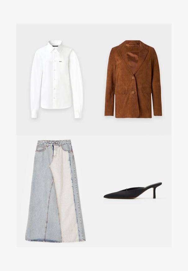 Brown suede blazer with a notched lapel, two front pockets, single button closure, and smooth satin lining.; White long-sleeve button-up shirt made of smooth fabric, featuring a pointed collar, single chest pocket, and buttons down the front.; Denim skirt featuring a patchwork design with light and medium blue sections, frayed hems, and a high waist. Classic five-pocket style.; Black pointed-toe mule with a sleek design, made of smooth fabric, featuring a slender heel and open back for easy wear.