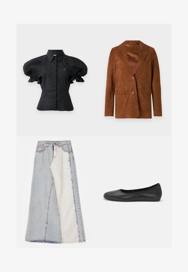 Brązowy zamszowy żakiet z wykładanym kołnierzem, dwoma przednimi kieszeniami, zapięciem na jeden guzik oraz gładką satynową podszewką.; Czarna koszula z puffami, wykonana z bawełny, z kołnierzykiem, zapięciem na guziki i haftem na piersi. Zmarszczona tekstura.; Spódnica dżinsowa z wzorem patchworkowym z jasnoniebieskimi i średnioniebieskimi sekcjami, postrzępionymi brzegami i wysokim stanem. Klasyczny fason z pięcioma kieszeniami.; Czarne skórzane baletki z zaokrąglonym noskiem, gładką fakturą, minimalnymi przeszyciami i elastycznym designem podeszwy.