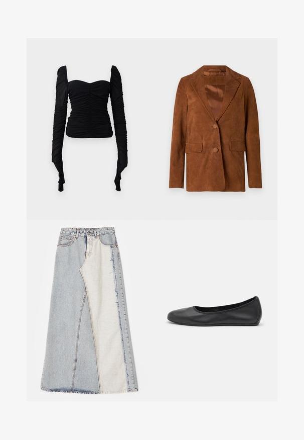 Pruun nubukist bleiser, millel on nurgeline klapp, kaks esist taskut, ühekordne nööbiriiv ja sile satenvooder.; Musthave must-havesinisteiga pika varrukaga top, mis on volangide tekstuuriga, õlavarre vaba disainiga ja keha ligi käiva siluettiga. Materjal näeb välja veniv ja sile.; Denim seelik, millel on patšitud disain, kus on heledad ja keskmise sinise tooni sektsioonid, rebenenud servad ja kõrge vöökoht. Klassikaline viie taskuga stiil.; Musthave mustika tantsutossud mustast nahast, ümmarguse varbaga, siledast tekstuurist, minimaalse õmblusdetailiga ja paindliku tallakujundusega.