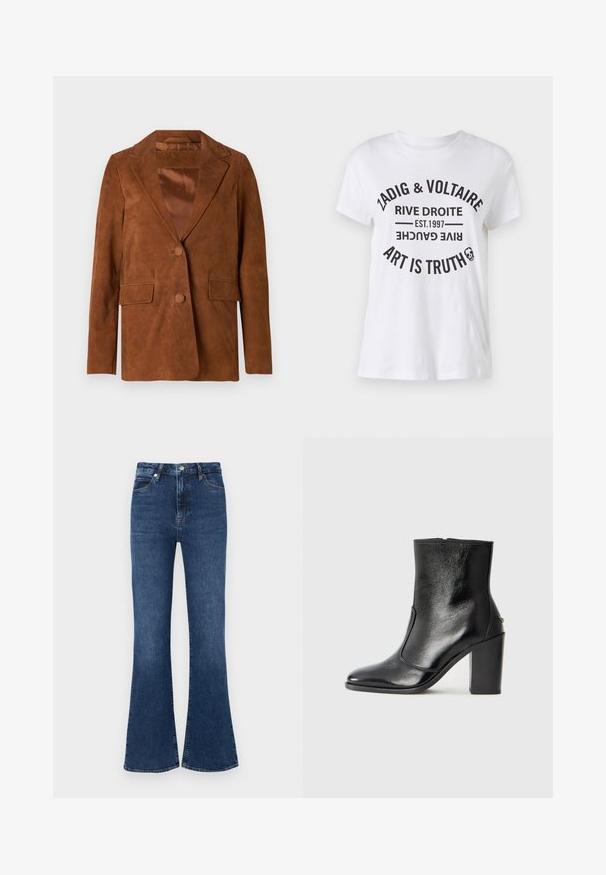 Brūns zamša žakets ar iedobētu apkakli, divām priekšējām kabatām, vienu pogu aizdari un gludu satīna odere.; Balta kokvilnas T-kreklu ar izteiksmīgu melnu tekstu, kurā ir zīmola nosaukums, atrašanās vieta, dibināšanas datums un sauklis apļa izkārtojumā. Apaļas kakla izgriezums.; Tumši zili izplešami džinsi, kas izgatavoti no denima, ar augstu jostasvietu, standarta piecu kabatu dizainu un smalkiem izšuvumiem.; Melnas ādas potīšu zābaki ar gludu tekstūru, smailu purngalu un masīlu augstu papēdi. Iekļauts sānu atvērums un minimālistisks dizains.