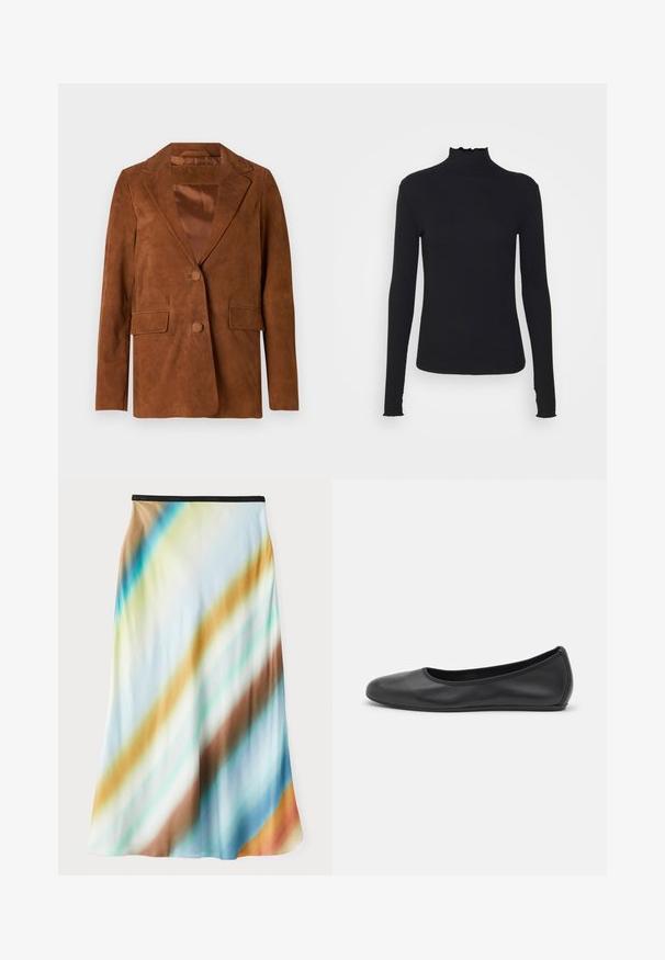 Ruskea mokkanahkablazer, jossa on lovetettu kaulus, kaksi etutaskua, yksittäinen nappikiinnitys ja sileä satiinivuori.; Musta pitkähihainen poolotoppi, joka on valmistettu sileästä kankaasta, jossa on röyhelökaulus ja tiukka siluetti yksinkertaisilla reunoilla.; Midi hame kevyt, virtaava kangas. Ominaisuuksia on gradienttikuosi, jossa on diagonaalisia raitoja sinisessä, ruskeassa ja kermassa. Musta vyötärönauha.; Musta nahkainen ballerina, jossa on pyöristetty kärki, sileä pinta, minimaalinen ommelkoristelu ja joustava pohjamuotoilu.