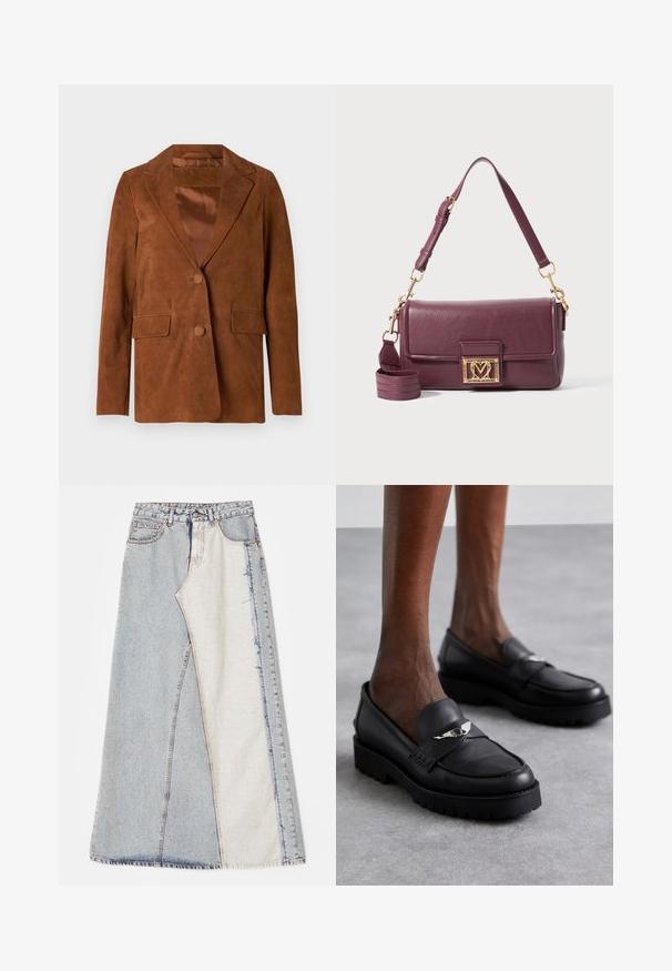 Brauner Wildlederblazer mit Reverskragen, zwei Vordertaschen, einer Knopfschließe und glatter Satinfütterung.; Weißes kurzärmliges T-Shirt aus geripptem Stoff. Runder Halsausschnitt, normale Passform und dezente Nähte. Keine Muster oder Grafiken.; Jeansrock mit einem Patchwork-Design in hell- und mittelblauen Abschnitten, ausgefransten Säumen und hoher Taille. Klassischer Fünf-Taschen-Stil.; Schwarze Lederloafers mit runder Zehe, mit einem silbernen Akzent am Riemen und einer dicken, strukturierten Sohle für zusätzlichen Grip.; Dunkellila Schultertasche aus Leder mit goldenem herzförmigem Verschluss und verstellbarem oberen Tragegurt auf weißem Hintergrund.