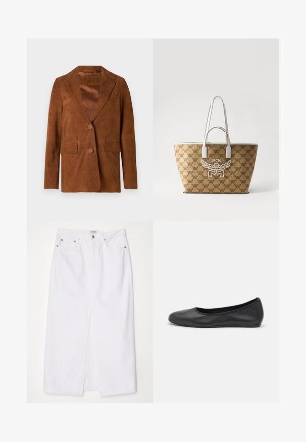 Blazer din suede maro cu rever ascuțit, două buzunare frontale, închidere cu un singur buton și căptușeală netedă din satin.; Tricou alb cu mânecă scurtă, confectionat dintr-un material texturat. Gât rotund, tăietură regulară și detalii subtile de cusătură. Fără modele sau grafice.; Fustă din denim alb cu fanta frontală, design cu cinci buzunare, închidere cu nasture metalic și fermoar, și detalii cusute la marginile tăieturii.; Balerini din piele neagră, cu vârf rotund, textură netedă, detalii de cusătură minimale și un design al tălpii flexibil.; Geantă mare din brown, cu logo MCM embosat, accente din piele albă, textură netedă și un model repetat de aripi și branding MCM.