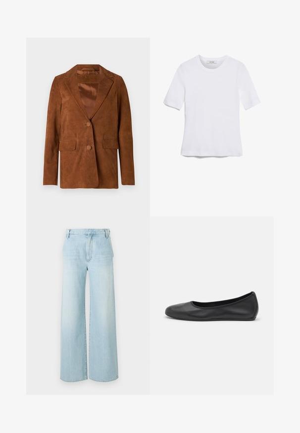 Blazer en daim marron avec un col cranté, deux poches avant, fermeture à un bouton et doublure en satin lisse.; T-shirt blanc à manches courtes en tissu côtelé. Col rond, coupe régulière et détails de couture subtils. Aucune motif ni graphique.; Jeans large en denim bleu clair. Caractéristiques : taille haute, design à cinq poches et décoloration subtile avec un ourlet propre.; Ballerines en cuir noir avec un bout rond, texture lisse, détails de couture minimalistes et design de semelle flexible.