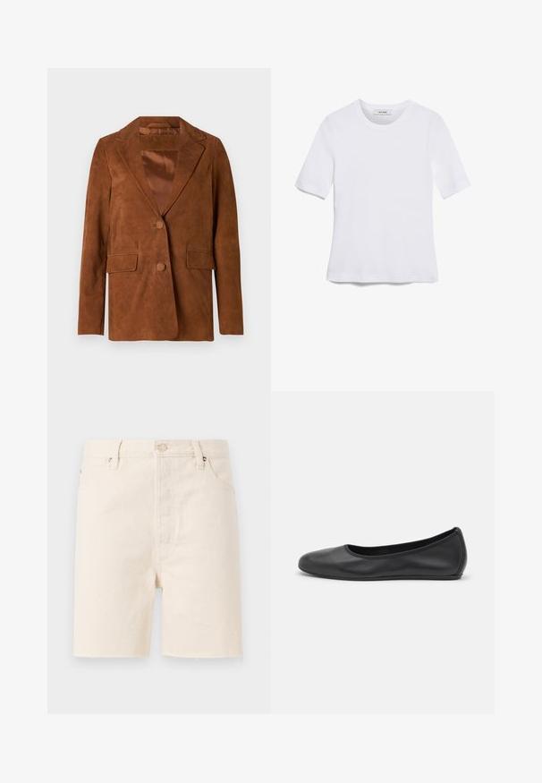 Barna velúrbőr blézer, kihajtott gallérral, két elülső zsebbel, egy gombos záródással és sima selyem béléssel.; Fehér, rövid ujjú póló ribbed anyagból. Kerek nyakkivágás, normál szabás és diszkrét varrási részletek. Nincsenek minták vagy grafikák.; Beige farmernadrág rövidnadrág egyenes szabással, gombos záródással, övhurkokkal és rojtos szegéllyel. Öt zsebes kialakítás.; Fekete bőr balettcipő lekerekített orral, sima tekstúrával, minimális varrással és rugalmas talp kialakítással.