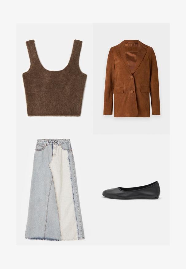 Blazer de ante marrón con solapa muesca, dos bolsillos frontales, cierre de un solo botón y forro de satén suave.; Top tipo tank de color marrón, suave y con un corte recortado, que presenta tirantes anchos y un escote redondeado. Textura suave y diseño sencillo sin patrones ni adornos.; Falda de mezclilla con un diseño de patchwork que presenta secciones en azul claro y medio, dobladillos deshilachados y cintura alta. Estilo clásico de cinco bolsillos.; Bailarina de piel negra con punta redondeada, textura suave, detalle de costura minimalista y diseño de suela flexible.