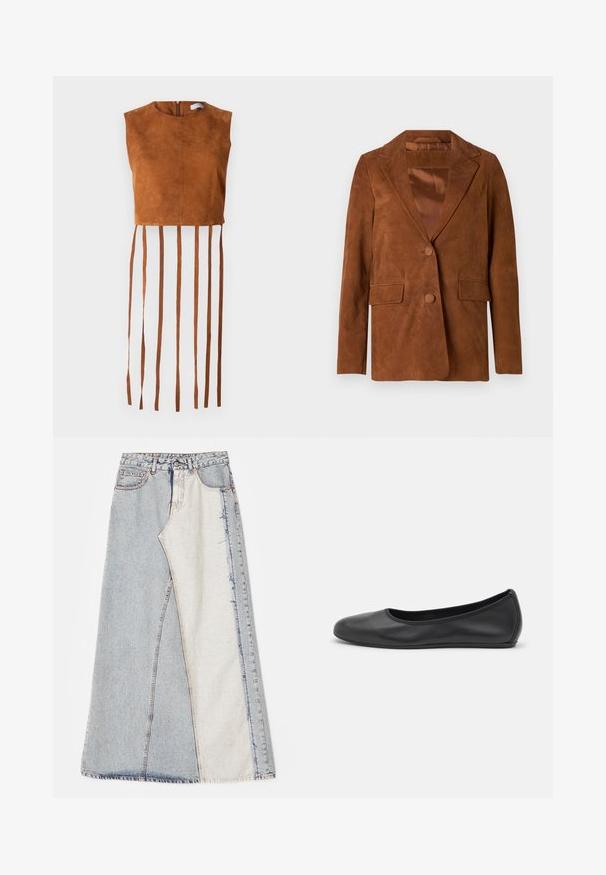 Blazer din suede maro cu rever ascuțit, două buzunare frontale, închidere cu un singur buton și căptușeală netedă din satin.; Top scurt din suede maro cu guler rotund și un fermoar pe spate, având detalii cu franjuri verticale lungi pe margine.; Fustă din denim cu un design patchwork, având secțiuni de albastru deschis și mediu, margini desfăcute și talie înaltă. Stil clasic cu cinci buzunare.; Balerini din piele neagră, cu vârf rotund, textură netedă, detalii de cusătură minimale și un design al tălpii flexibil.