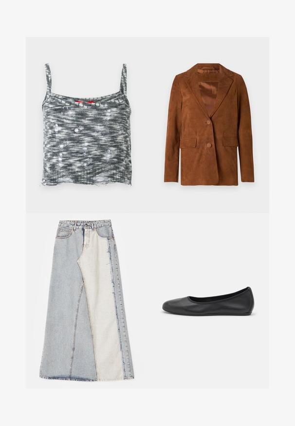 Rudas zomšinis švarkas su įpjautomis apykaklėmis, dviem priekinėmis kišenėmis, vienu mygtuko uždarymu ir lygiu satino pamušalu.; Pilkas megztas trumpas bakas su plonomis petnešomis, su nusidėvėjimo dizainu ir daugeliu skylių, bei laisvu apvadu. Raudonas akcentas prie iškirptės.; Džinsinė sijonas su lokščių raštu, įskaitant šviesiai ir vidutiniškai mėlynus skyrius, suplėšytais kraštais ir aukšta juosmens linija. Klasikinis penkių kišenių stilius.; Juodai odiniai baletai su apvaliu pirštu, lygi texture, minimalus siuvimo detales ir lanksčiu padų dizainu.