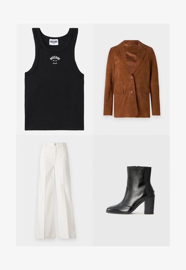 Blazer de camurça castanha com lapela dentada, dois bolsos frontais, fecho de botão único e forro de seda suave.; Camisola de alças preta com decote redondo. Apresenta um logo bordado branco "MOSCHINO Jeans 86 23" centrado no peito. Textura suave.; Calças largas brancas feitas de algodão com uma textura suave. Apresenta um botão frontal, fecho de correr e um design de quatro bolsos.; Bota ankle preta em pele com uma textura suave, bico fino e um salto alto robusto. Apresenta uma abertura lateral e um design minimalista.