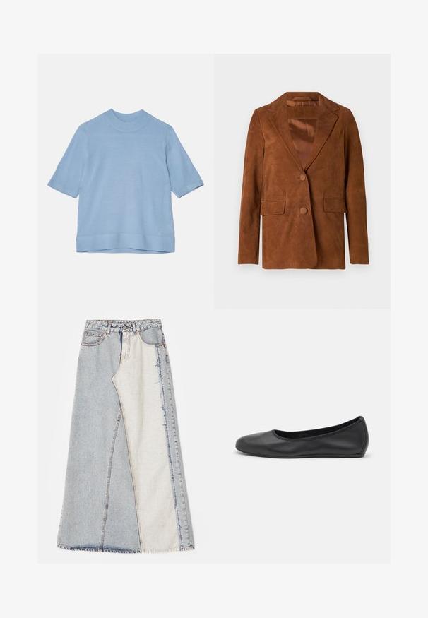 Rudas zomšinis švarkas su įpjautomis apykaklėmis, dviem priekinėmis kišenėmis, vienu mygtuko uždarymu ir lygiu satino pamušalu.; Tiger of Sweden WINNIS - Paprasti marškinėliai - dusk blue; Džinsinė sijonas su lokščių raštu, įskaitant šviesiai ir vidutiniškai mėlynus skyrius, suplėšytais kraštais ir aukšta juosmens linija. Klasikinis penkių kišenių stilius.; Juodai odiniai baletai su apvaliu pirštu, lygi texture, minimalus siuvimo detales ir lanksčiu padų dizainu.