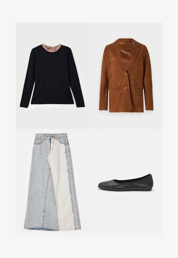 Barna velúrbőr blézer, kihajtott gallérral, két elülső zsebbel, egy gombos záródással és sima selyem béléssel.; Fekete, hosszú ujjú felső, kerek kivágással, melynek gallérján színes csíkos díszítés található. Simaszerkezetű anyag, laza szabású.; Farmernadrág szoknya foltos mintázattal, világos és közép kék színű részekkel, rojtos szegéllyel és magas derékkal. Klasszikus öt zsebes stílus.; Fekete bőr balettcipő lekerekített orral, sima tekstúrával, minimális varrással és rugalmas talp kialakítással.