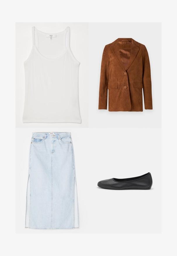 Blazer in camoscio marrone con rever a punta, due tasche frontali, chiusura con un bottone e foderato in satin liscio.; Canotta bianca senza maniche realizzata in morbido tessuto a coste; presenta spalline sottili e un collo rotondo, etichetta con la scritta "FRAME".; Gonna maxi in denim azzurro chiaro con taglio dritto, dotata di spacchi laterali e design a cinque tasche. Cuciture in evidenza e chiusura con bottone in metallo.; Pantofole da balletto nere in pelle con punta arrotondata, texture liscia, dettagli di cucitura minimi e design con suola flessibile.