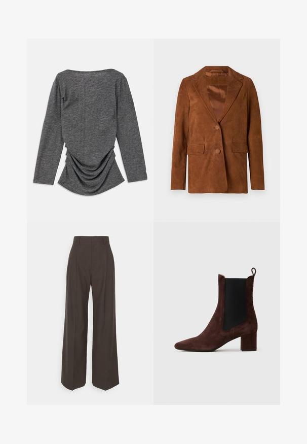Barna velúrbőr blézer, kihajtott gallérral, két elülső zsebbel, egy gombos záródással és sima selyem béléssel.; Szürke, hosszú ujjú felső, puha textúrával, széles nyakkivágással és a háton ráncolt részlettel, ami lebegő siluettet eredményez.; Sötétbarna, bő szárú nadrág magas derékkal, tisztán vasalt redőkkel, sima textúrával és testhez simuló fazonnal.; Sötétbarna velúr bokacsizma tömbsarkal, fekete elasztikus oldalpanelekkel és húzófüllel a hátsó részen, világos háttér előtt.