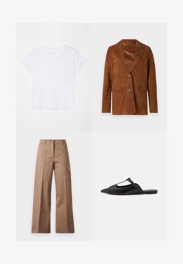 Ruskea mokkanahkablazer, jossa on lovetettu kaulus, kaksi etutaskua, yksittäinen nappikiinnitys ja sileä satiinivuori.; FRAME BABY TEE - T-paita - white; Ruske leve-legged hlače iz gladkega materiala, z sprednjim gumbom, dvema sprednjima žepoma in čistimi, krojenimi linijami.; Musta nahkasandaali, jossa on terävä kärki, somistettuna kudotulla yksityiskohdalla ja pleatatuilla yläosilla. Litteä pohja, jossa on vähäisiä tarvikkeita.