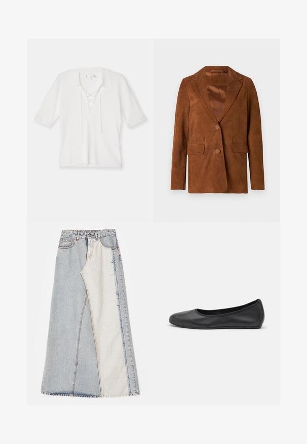 Bruine suède blazer met een notch-lapel, twee voorkezen, een enkele knoopsluiting en een soepele satijnen voering.; FRAME LACE UP - T-shirt basic - off white; Denim rok met een patchworkontwerp bestaande uit lichte en middelblauwe secties, rafelige zomen en een hoge taille. Klassiek vijf-pocket model.; Zwarte leren ballerina met een ronde neus, gladde textuur, minimale stikdetails en een flexibele zoolontwerp.
