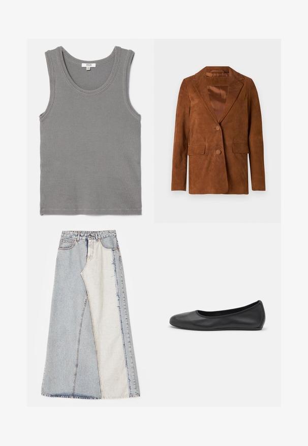 Brown suede blazer with a notched lapel, two front pockets, single button closure, and smooth satin lining.; Gray ribbed tank top featuring a round neckline and wide armholes. Fabric is soft with a subtle texture and finished edges. Size tag visible.; Denim skirt featuring a patchwork design with light and medium blue sections, frayed hems, and a high waist. Classic five-pocket style.; Black leather ballet flat with a rounded toe, smooth texture, minimal stitching detail, and a flexible sole design.
