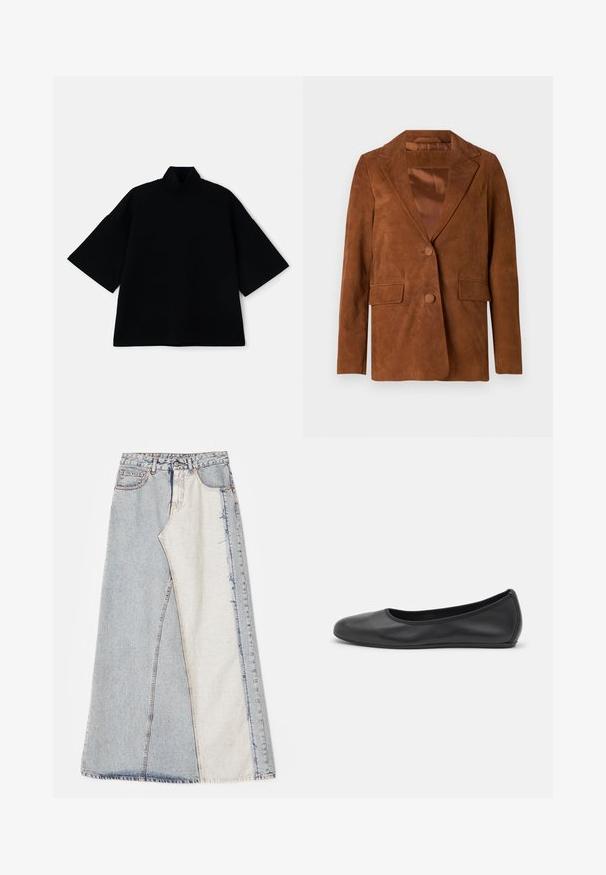 Brązowy zamszowy żakiet z wykładanym kołnierzem, dwoma przednimi kieszeniami, zapięciem na jeden guzik oraz gładką satynową podszewką.; Czarna, luźno dopasowana bluzka z krótkimi, szerokimi rękawami i wzornictwem na stójkę. Materiał wydaje się być miękki o gładkiej teksturze.; Spódnica dżinsowa z wzorem patchworkowym z jasnoniebieskimi i średnioniebieskimi sekcjami, postrzępionymi brzegami i wysokim stanem. Klasyczny fason z pięcioma kieszeniami.; Czarne skórzane baletki z zaokrąglonym noskiem, gładką fakturą, minimalnymi przeszyciami i elastycznym designem podeszwy.