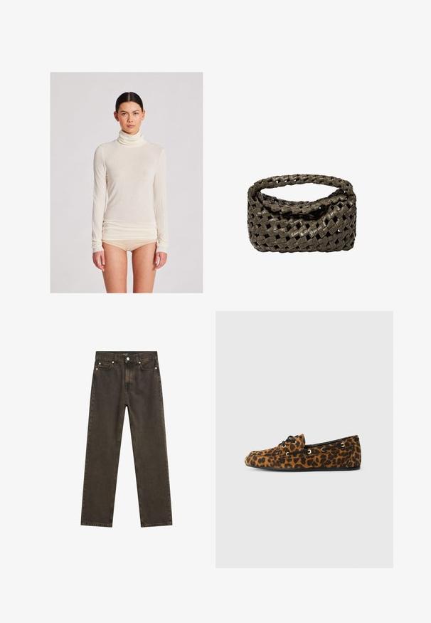 Grå uldblandet blazer med spids krave, enkelt knaplukning og to forlommer. Tekstureret stof med et subtilt mønster.; Langærmet turtleneck-top i creme, lavet af let stof med en glat tekstur; har en tætsiddende silhuet og grødet kantdetalje.; Mørkebrune lige bukser lavet af denim, med et klassisk fem-lomme design, metalhardware og synlige syningsdetaljer.; Leopardmønstret loafers med en blød tekstur, rund form, sorte snørebånd og gyldne øjer, med en flad gummisål.; Vævet håndtaske i mørkeoliven læder, med et rundt topgreb og en blød, tekstureret overflade i hobo-stil.; Sølv hooped øreringe med en poleret finish, der har en cirkulær form og en hængsel-lukning, som understreger et slankt og minimalistisk design.