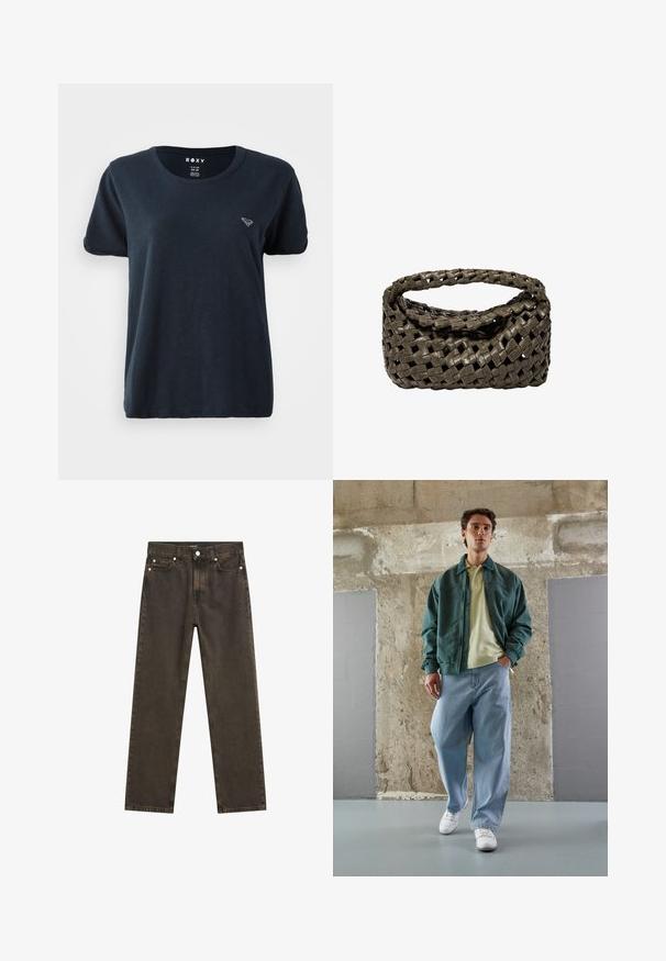 Grå ullblandad kavaj med snedskuren slag, enkel knappstängning och två framfickor. Texturerad tyg med ett subtilt mönster.; Marinblå t-shirt med kort ärm i mjukt tyg, med rund halsringning och en liten logotyp på vänster bröst. Enkel och avslappnad design.; Mörkbruna raka jeans i denim, med en klassisk femficksdesign, metallbeslag och synliga sömdetaljer.; Grön bomberjacka över en ljusgul polo, vidd med lösa blå jeans och vita sneakers. Snygga tyger, avslappnad passform, minimal hårdvara.; Vävd handväska i mörk olivgrön läder, med ett runt handtag och mjuk, texturerad yta i hobo-stil.; Silverfärgade hoopörhängen med en polerad yta, som har en cirkulär form och en gångjärnslåsning, vilket betonar en snygg och minimalistisk design.