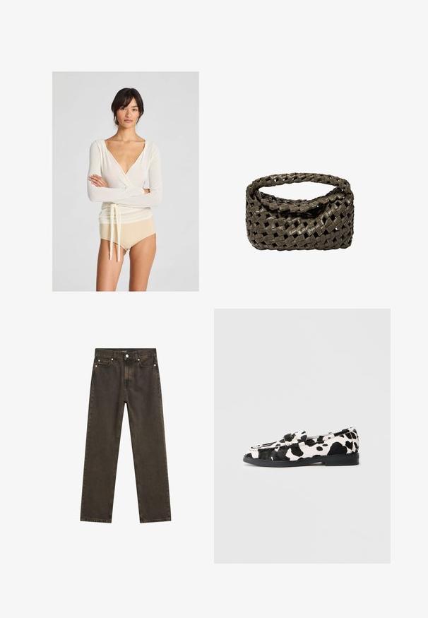 Grau melierter Wollmix-Blazer mit Reverskragen, einem Knopfverschluss und zwei vorderen Taschen. Strukturierter Stoff mit dezentem Muster.; Hellbeige Wickeloberteil mit langen Ärmeln und tiefem V-Ausschnitt, versehen mit einem Bindedetail in der Taille, kombiniert mit hautfarbenen hochgeschnittenen Hosen.; Dunkelbraune gerade geschnittene Jeans aus Denim mit einem klassischen Fünf-Taschen-Design, metallischen Beschlägen und sichtbaren Nähdetails.; Schwarz-weiße Kuhflecken-Lederschuhe mit flacher Gummisohle, ausgestattet mit einer glatten Oberfläche und abgerundetem Zehendesign. Verstellbare Riemenakzente im oberen Bereich.; Gewebte Handtasche aus dunkelolivgrünem Leder, mit einem runden Oberhandgriff und einer weichen, strukturierten Oberfläche im Hobo-Stil.; Silberne Creolen mit polierter Oberfläche, die eine kreisförmige Form und einen Schwenkverschluss aufweisen, und dabei ein elegantes und minimalistisches Design betonen.