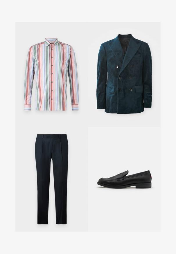 Doppelreihiger Blazer in tiefem Teal aus weichem Samt. Mit Reverskragen, zwei frontalen Taschen und sechs Knöpfen auf der Vorderseite.; Hemd mit Knöpfen, das vertikale Streifen in mehreren Farben aufweist: rot, grün, blau und weiß. Lange Ärmel und klassischer Kragen.; Schwarze maßgeschneiderte Hose aus glattem Material mit schlankem Schnitt, zwei vorderen Falten und einem flachen Bund ohne sichtbare Beschläge.; Schwarze Lederloafer mit glatter Oberfläche, abgerundetem Zehenbereich und einem kleinen dekorativen Riegel. Ausgestattet mit einem niedrigen, gestapelten Absatz und einem dezenten Markenlogo.