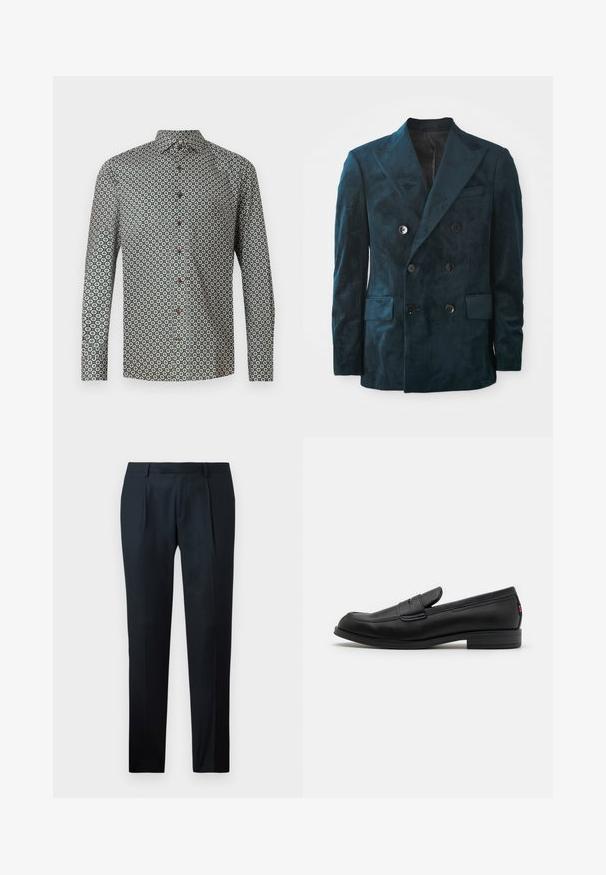 Double-breasted blazer in deep teal, made of soft velvet. Features a peak lapel, two front pockets, and six buttons on the front.; Long-sleeved shirt in a green fabric featuring a repeated floral pattern. The collar is button-down, with brown buttons along the front.; Black tailored pants made of smooth fabric, featuring a slim fit design, two front pleats, and a flat waistband without visible hardware.; Black leather loafers with a smooth finish, rounded toe, and a small decorative flap. Features a low stacked heel and subtle branding detail.