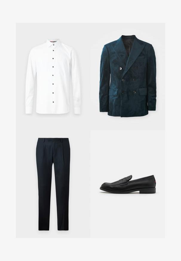 Blazer double boutonnage en vert profond, fabriqué en velours doux. Il présente un col en pointe, deux poches avant et six boutons sur le devant.; Chemise blanche à manches longues avec un col boutonné, ornée de boutons noirs et d'une texture lisse. Aucun motif ni graphique visible.; Pantalon noir sur mesure en tissu lisse, présentant un design slim fit, deux plis avant et une taille plate sans matériel visible.; Mocassins en cuir noir avec une finition lisse, un bout arrondi et une petite flèche décorative. Dotés d'un petit talon empilé et d'un détail de marque subtil.
