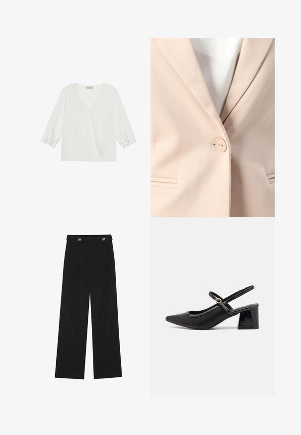 Beżowy żakiet z pojedynczym zapięciem na guzik, wykrojonymi klapami i dwiema przednimi kieszeniami z subtelnymi detalami w szwie. Gładka tekstura.; Biała bluzka z długim rękawem, z głębokim dekoltem w kształcie V, wykonana z miękkiego, satynopodobnego materiału oraz z marszczonymi mankietami, zapewniająca luźny krój.; Czarne szerokie spodnie z wysokim stanem, z detalami w postaci guzików na pasku oraz plisami z przodu.; Czarne lakierowane czółenka na słupku ze spiczastym noskiem, lekko zaokrąglonym wycięciem i obcasem w kształcie bloku. Posiadają złotą klamrę jako akcent dekoracyjny.